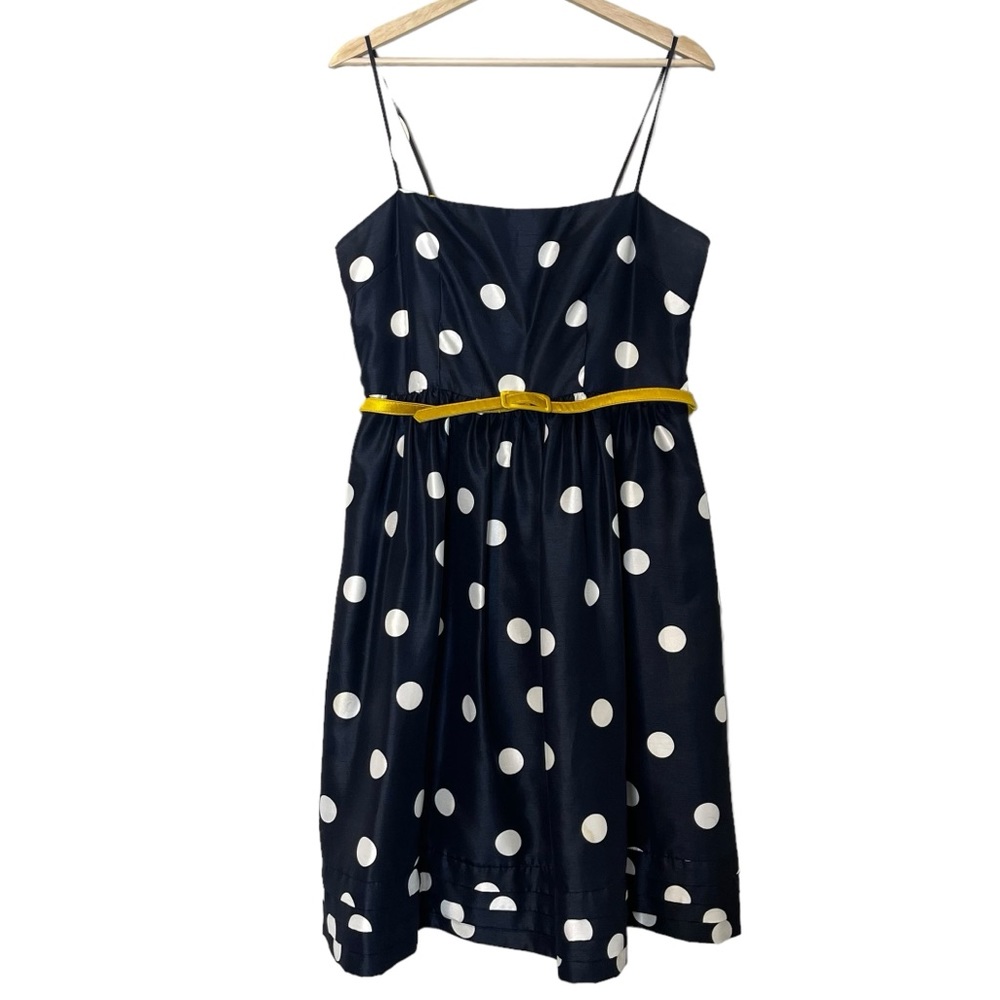 Eliza J Polka Dot Belted Fit & Flare Dress Size L Black White Yellow Pocket